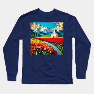 Swirly Quilled Fantasy Field of Multicolor Flowers and Mountains Long Sleeve T-Shirt